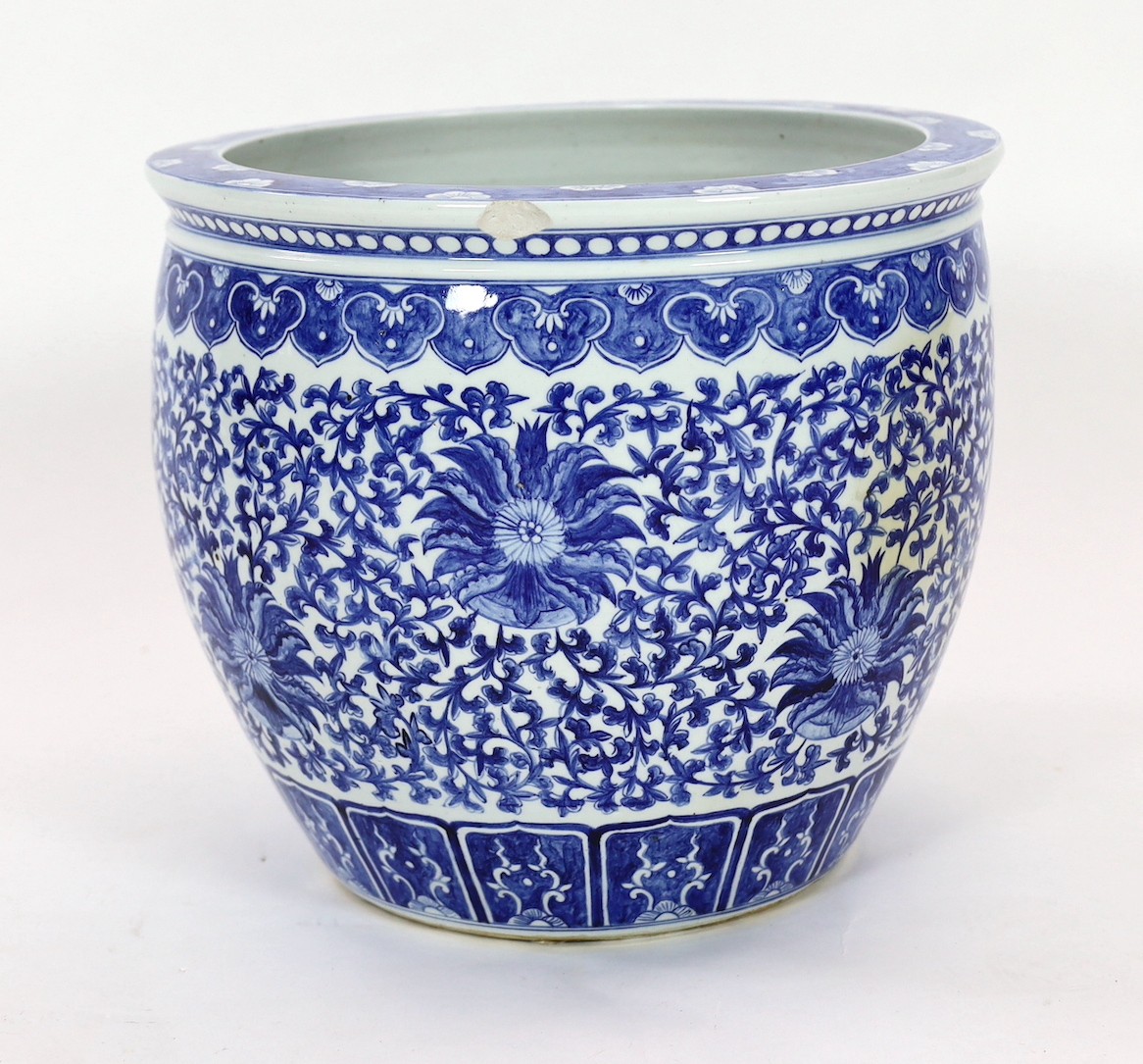 A Chinese blue and white ‘fish’ bowl, 20th century, 44cm diameter 38cm high